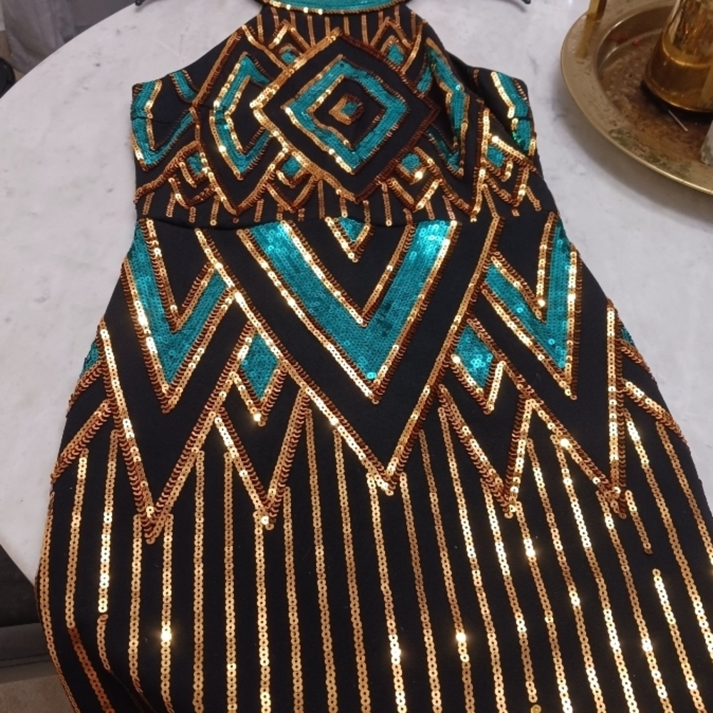 Black Sequin Mini Dress with Gold and Turquoise Accents